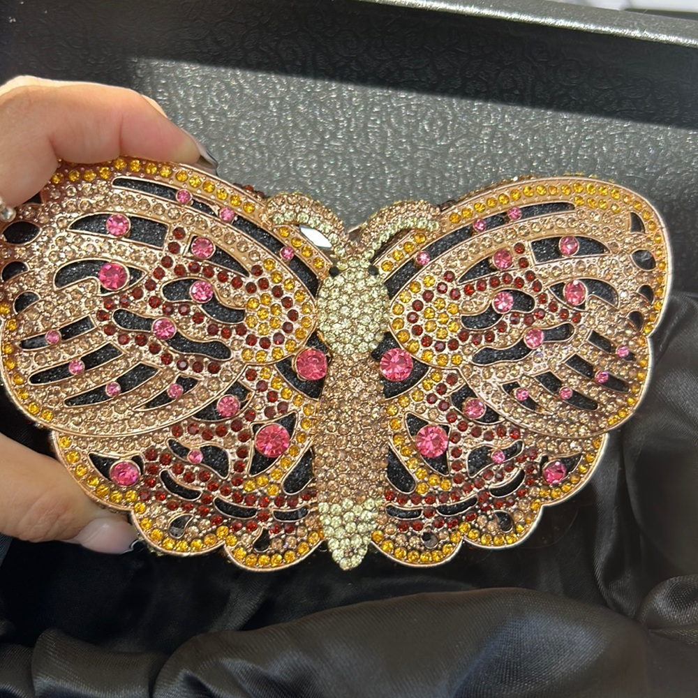 Butterfly clutch with crystals can hold keys , lipstick and compact
